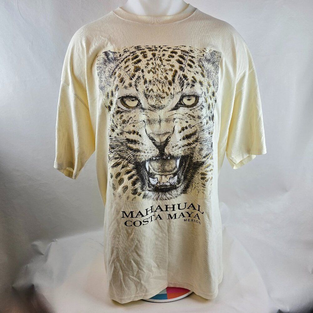 Yazbek T Shirt Men 2XL Yellow Cheetah Big Cat Mahahual Costa Maya Mexico Glitter
